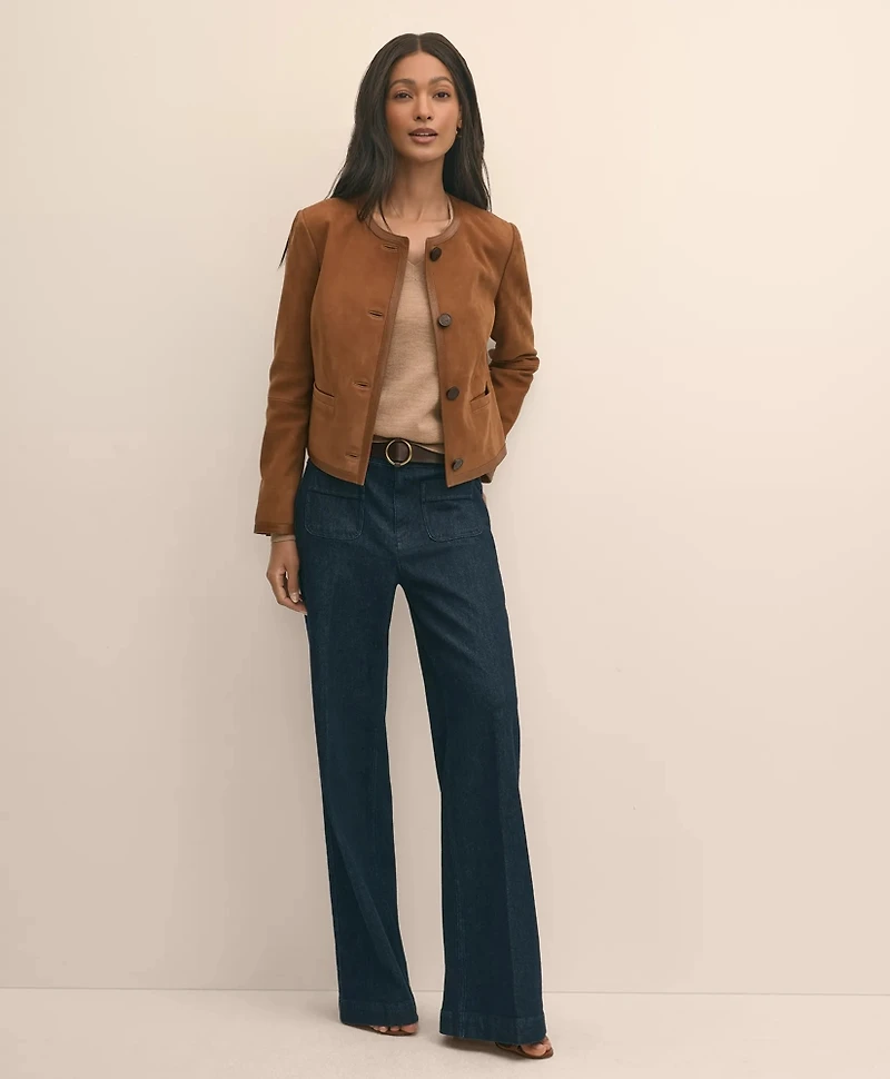 Suede Cropped Jacket With Leather Trim