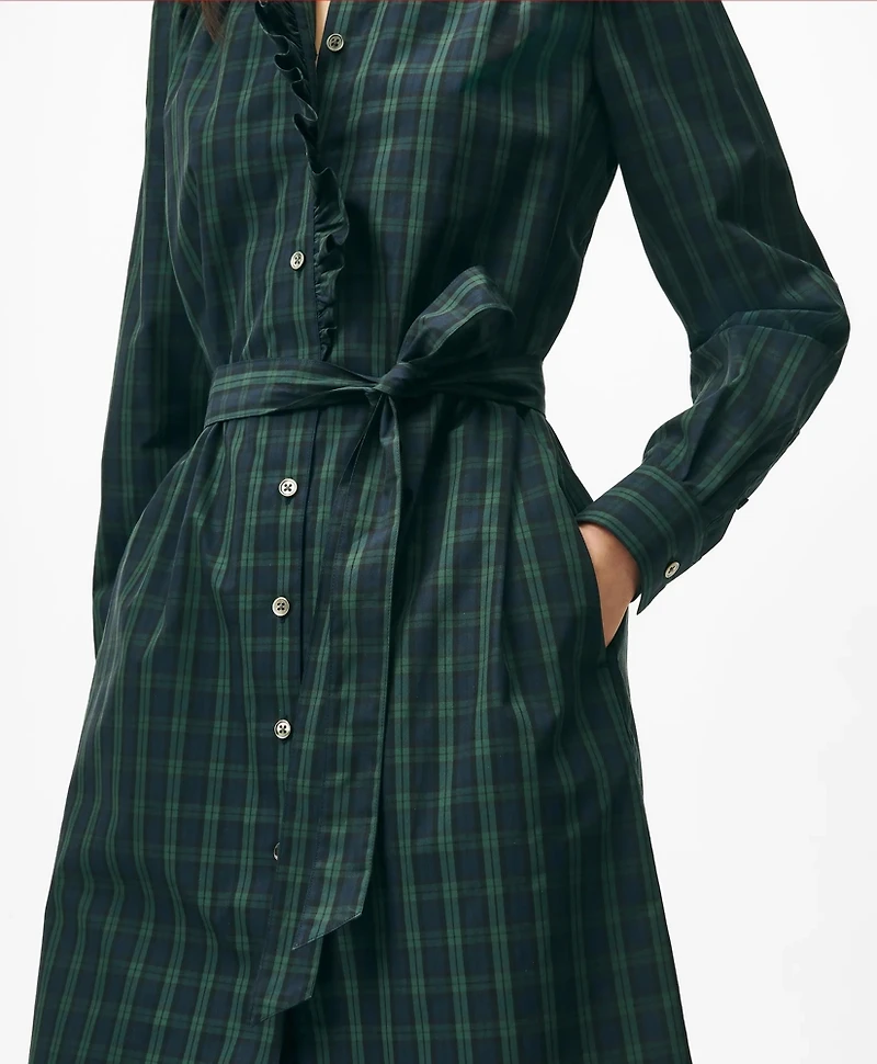 Belted Ruffle-Detail Shirt Dress Black Watch Supima<sup>®</sup> Cotton