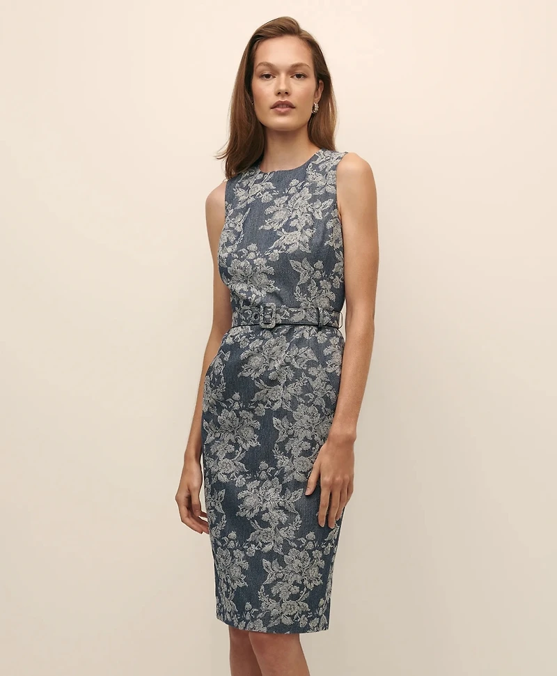 Cotton Denim Floral Jacquard Sheath Dress