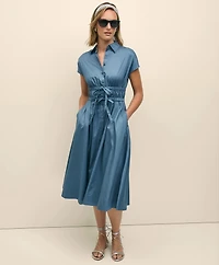 Cotton Smocked Waist Cap-Sleeve Shirt Dress
