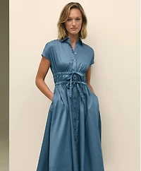 Cotton Smocked Waist Cap-Sleeve Shirt Dress