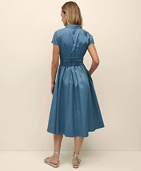 Cotton Smocked Waist Cap-Sleeve Shirt Dress