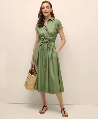 Cotton Smocked Waist Cap-Sleeve Shirt Dress