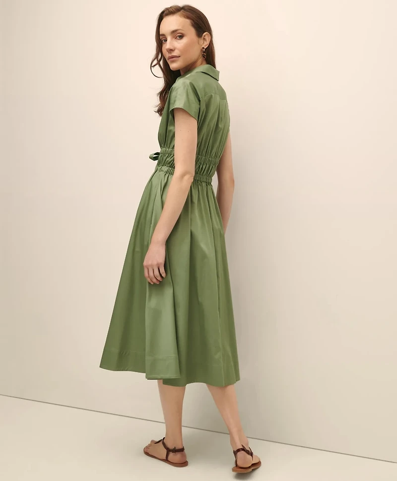 Cotton Smocked Waist Cap-Sleeve Shirt Dress