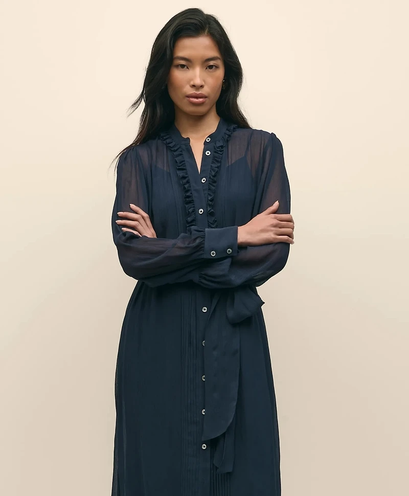 Chiffon Pleated Ruffle Detail Belted Shirt Dress