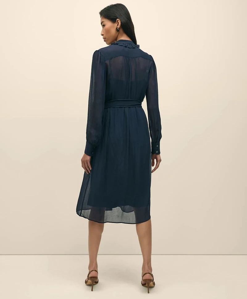 Chiffon Pleated Ruffle Detail Belted Shirt Dress