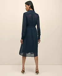 Chiffon Pleated Ruffle Detail Belted Shirt Dress