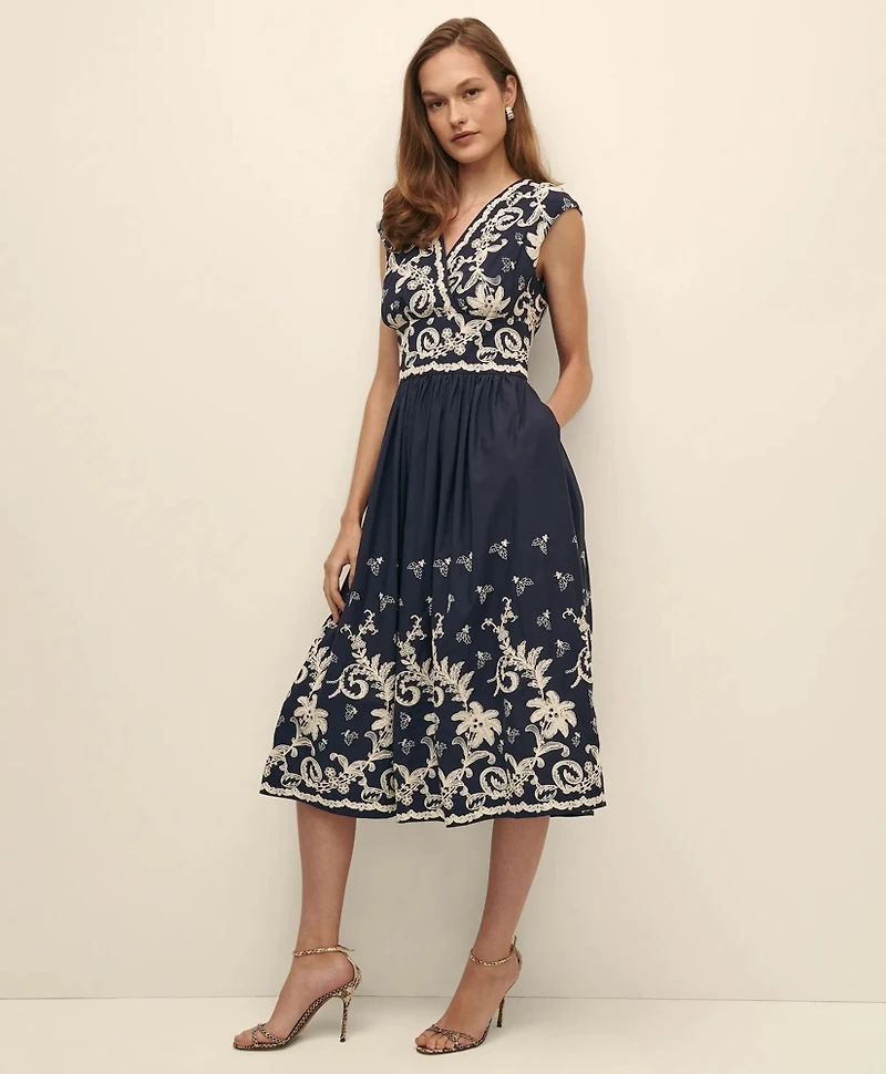 Cotton Voile Embroidered Short-Sleeve Fit-And-Flare Dress