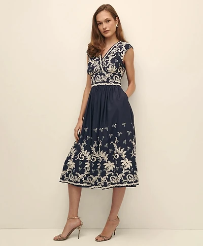 Cotton Voile Embroidered Short-Sleeve Fit-And-Flare Dress