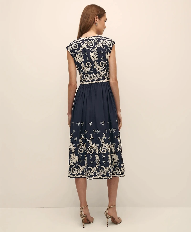 Cotton Voile Embroidered Short-Sleeve Fit-And-Flare Dress