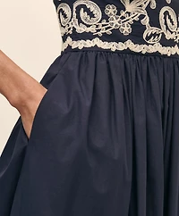 Cotton Voile Embroidered Short-Sleeve Fit-And-Flare Dress
