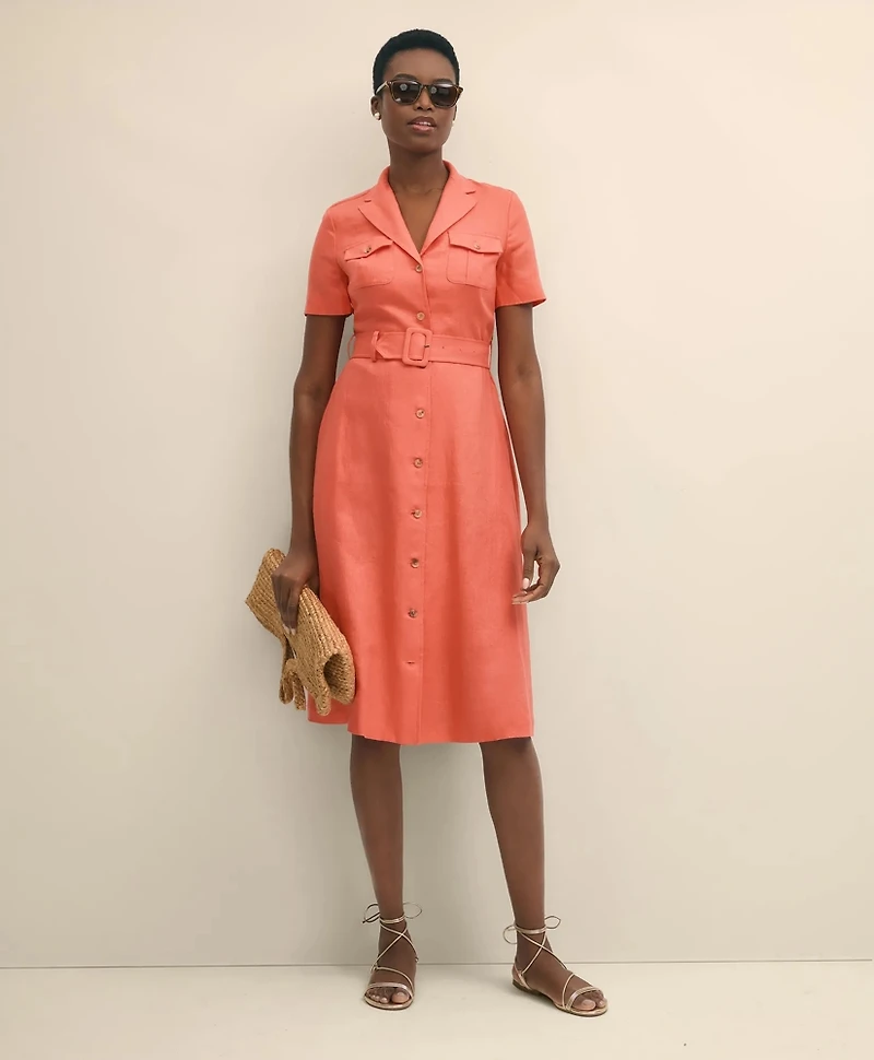 Linen A-Line Belted Shirt Dress