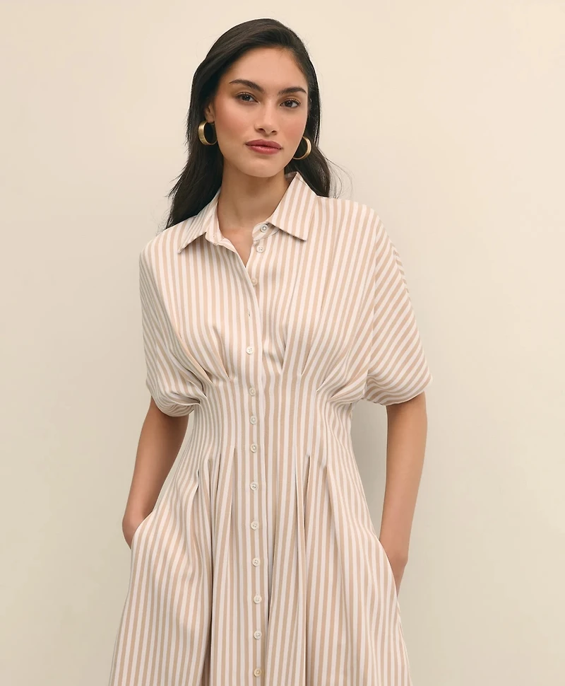 Striped Pleated Fit-And-Flare Shirt Dress