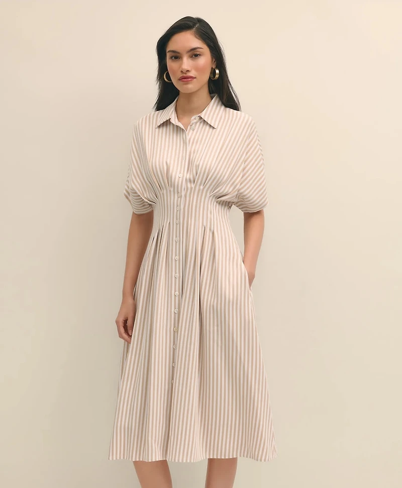 Striped Pleated Fit-And-Flare Shirt Dress