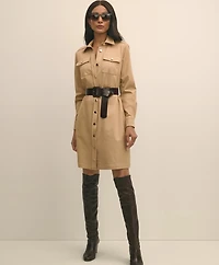 Cotton Blend Twill Belted Shirt Dress