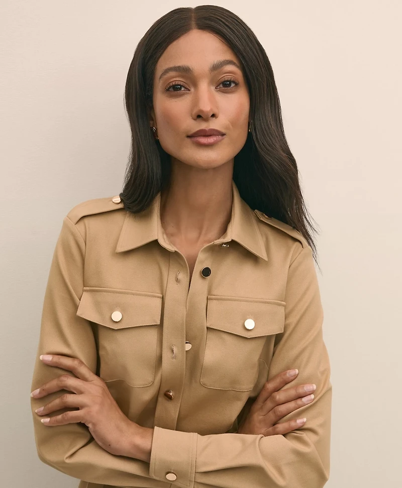 Cotton Blend Twill Belted Shirt Dress