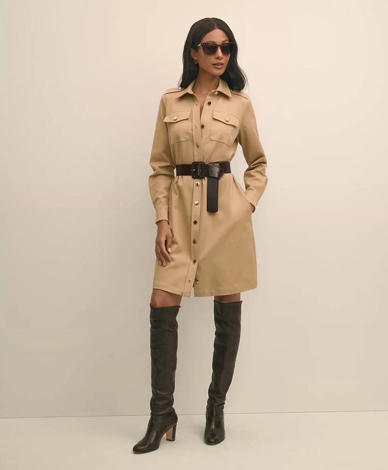 Cotton Blend Twill Belted Shirt Dress