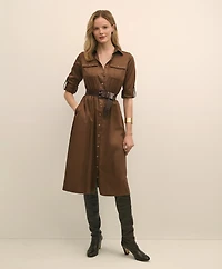 Cotton Sateen Fit-And-Flare Belted Shirt Dress
