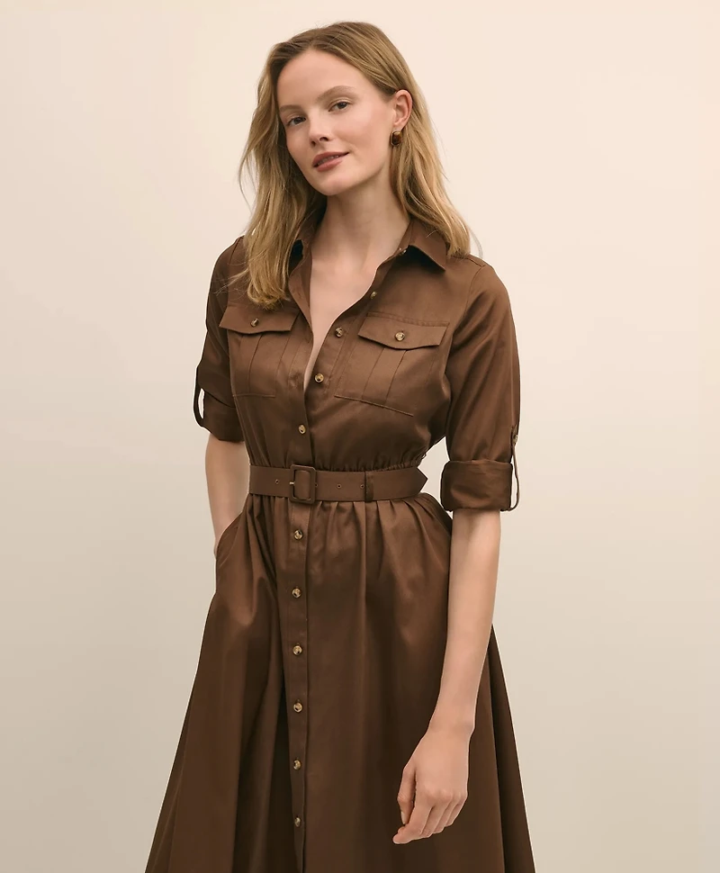 Cotton Sateen Fit-And-Flare Belted Shirt Dress