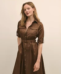 Cotton Sateen Fit-And-Flare Belted Shirt Dress
