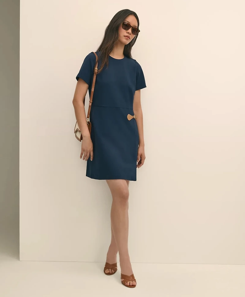 Ponte Short-Sleeve Mini Dress With Buckle Detail