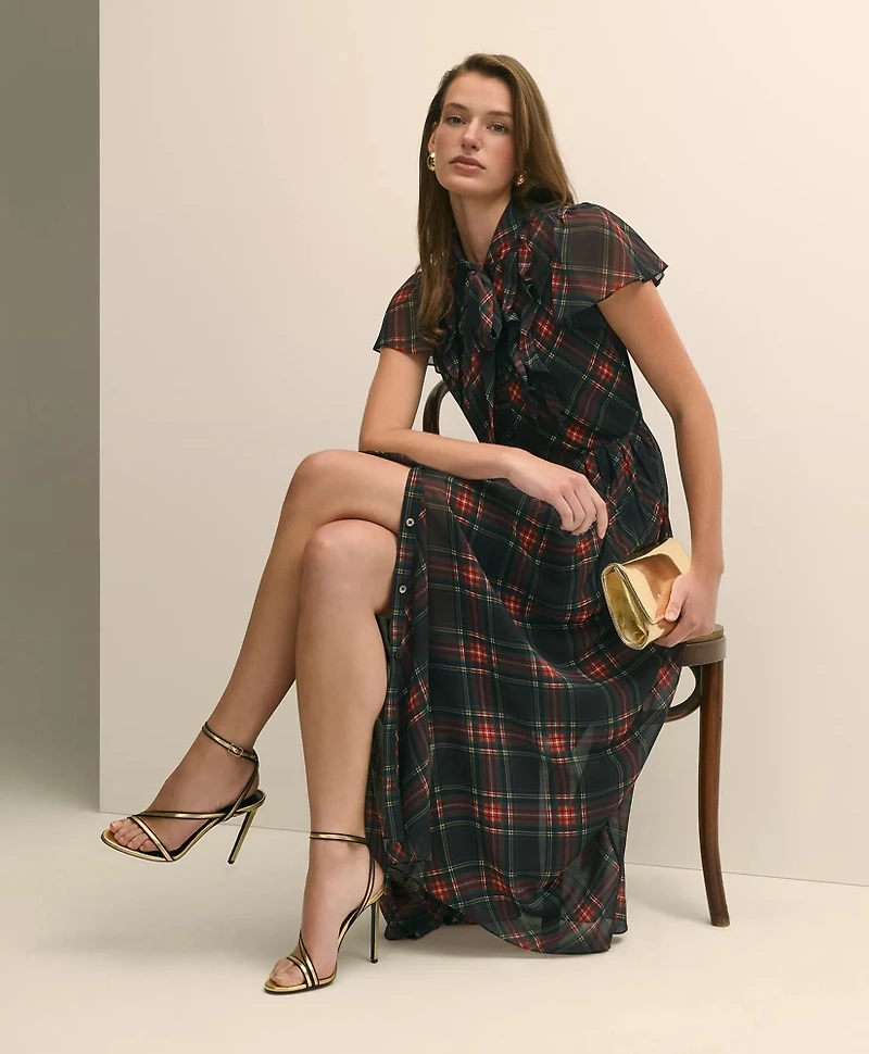 Chiffon Plaid Flutter-Sleeve Maxi Dress