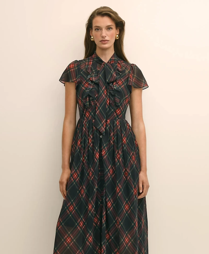 Chiffon Plaid Flutter-Sleeve Maxi Dress