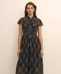 Chiffon Plaid Flutter-Sleeve Maxi Dress