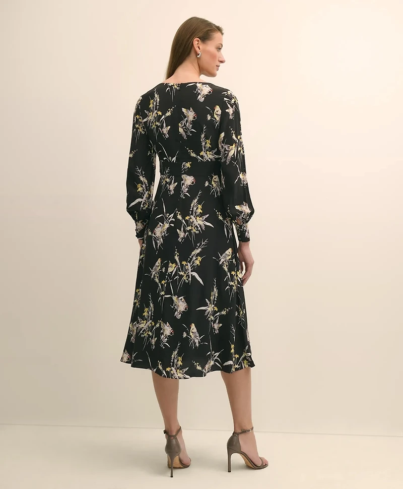 Viscose Fit & Flare Bird Print Dress