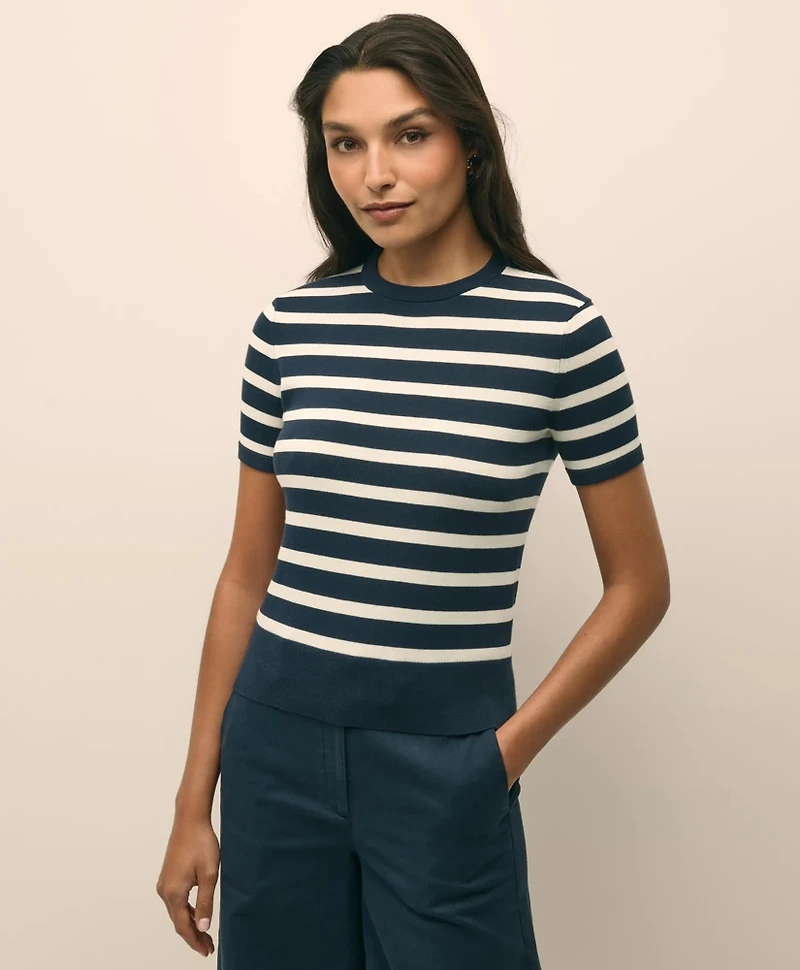 Striped Short-Sleeve Shell Sweater Supima<sup>®</sup> Cotton