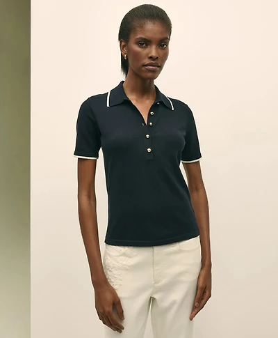 Silk Blend Short-Sleeve Tipped Polo Sweater