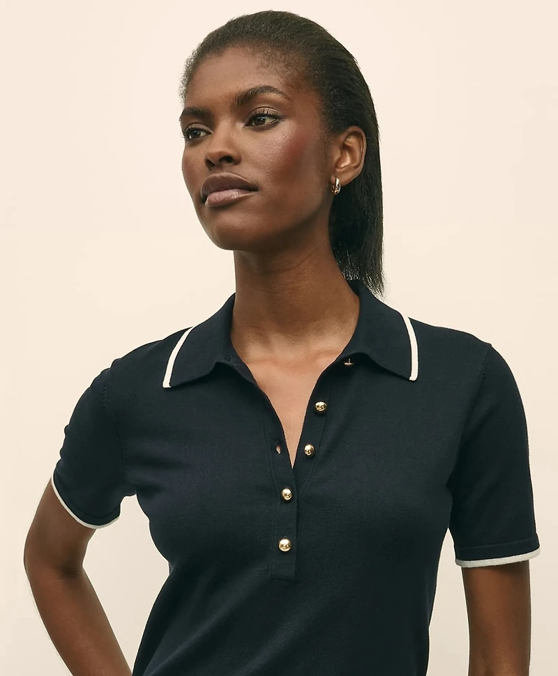 Silk Blend Short-Sleeve Tipped Polo Sweater