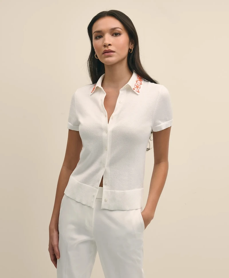 Mercerized Cotton Embellished Polo Sweater