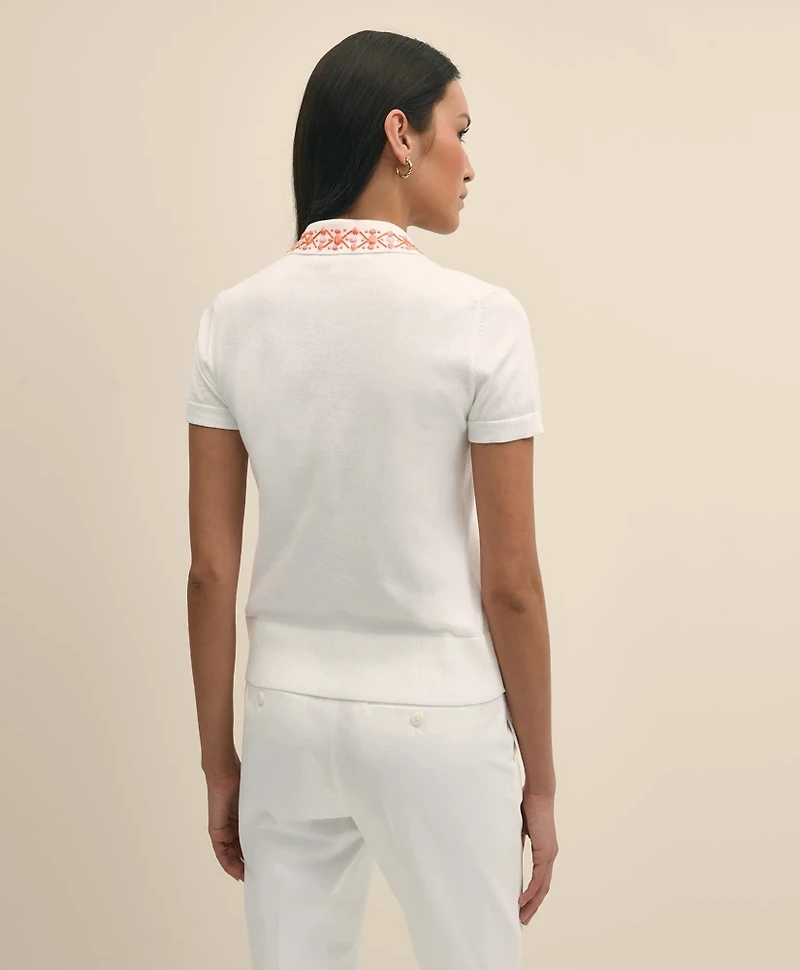 Mercerized Cotton Embellished Polo Sweater