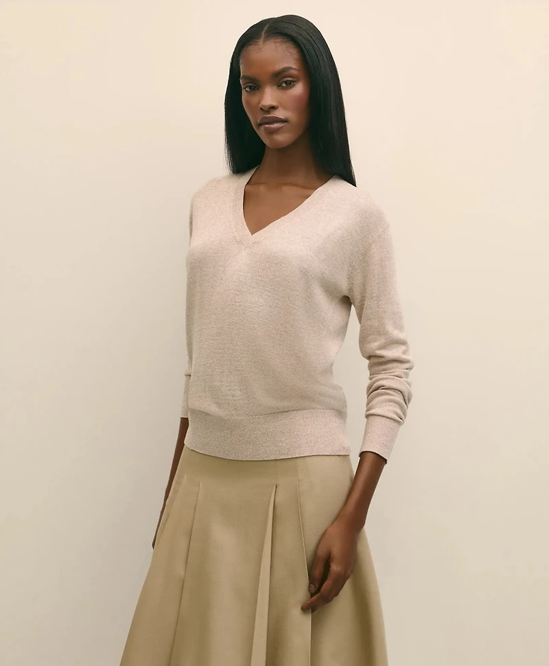 Silk V-Neck Marled Knit Relaxed Sweater