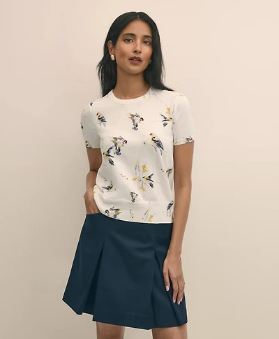Cotton Short-Sleeve Sweater Shell Bird Print