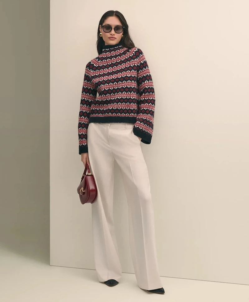 Wool Blend Funnel-Neck Fair Isle Sweater