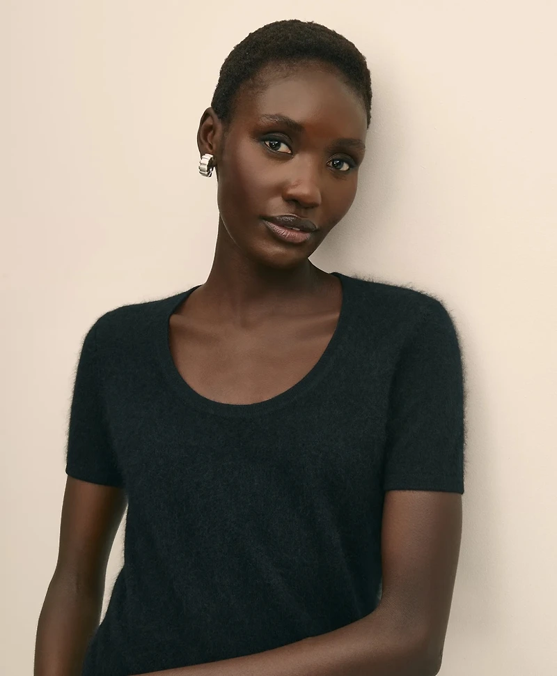 Wool-Cashmere Blend Brushed Short-Sleeve Sweater Shell