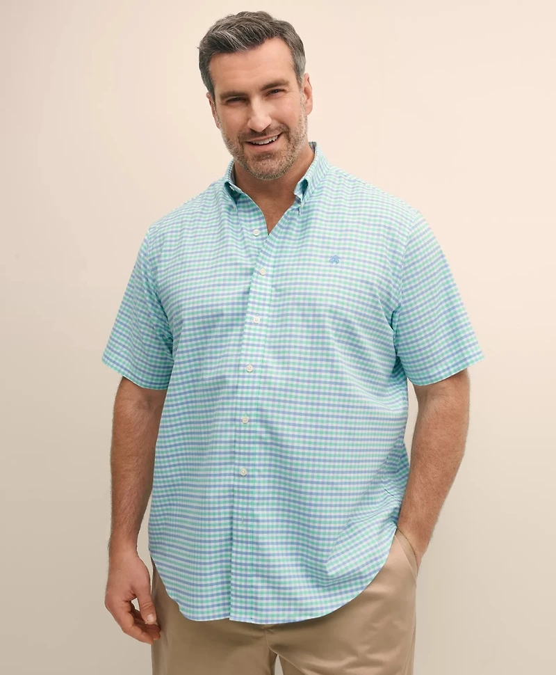 Big & Tall Stretch Cotton Non-Iron Oxford Polo Button Down Collar, Gingham Short-Sleeve Shirt