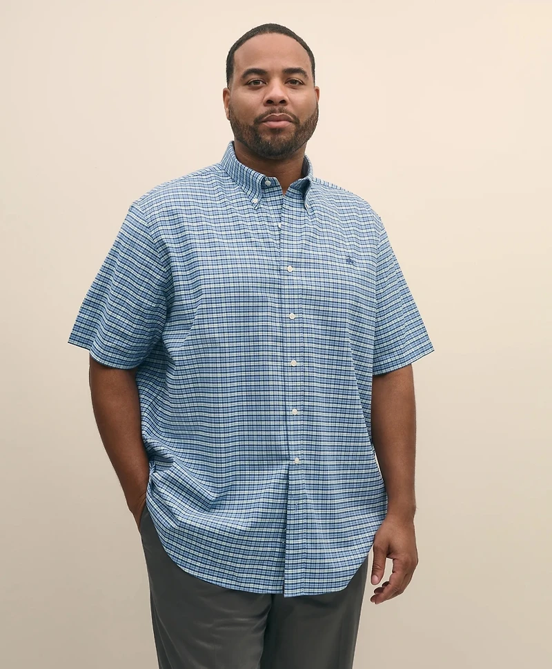 Big & Tall Stretch Cotton Non-Iron Oxford Polo Button Down Collar, Tartan Short-Sleeve Shirt