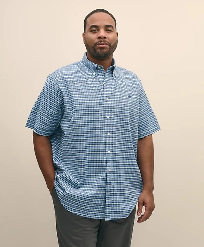 Big & Tall Stretch Cotton Non-Iron Oxford Polo Button Down Collar, Tartan Short-Sleeve Shirt