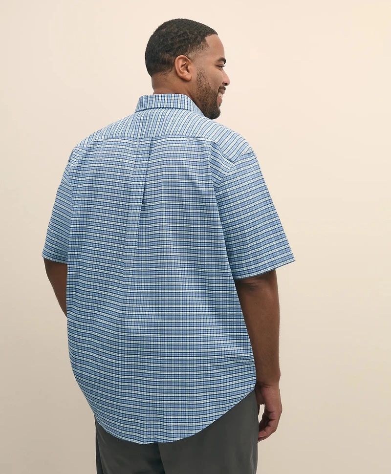 Big & Tall Stretch Cotton Non-Iron Oxford Polo Button Down Collar, Tartan Short-Sleeve Shirt
