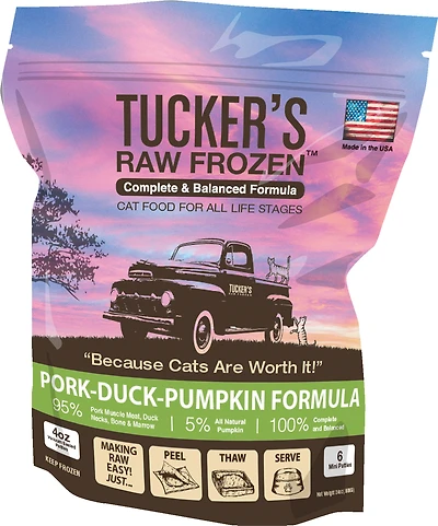 Tucker's - Raw Frozen Cat Food - Grain Free & High Protein Complete Diet - Pork,  Duck & Pumpkin Formula