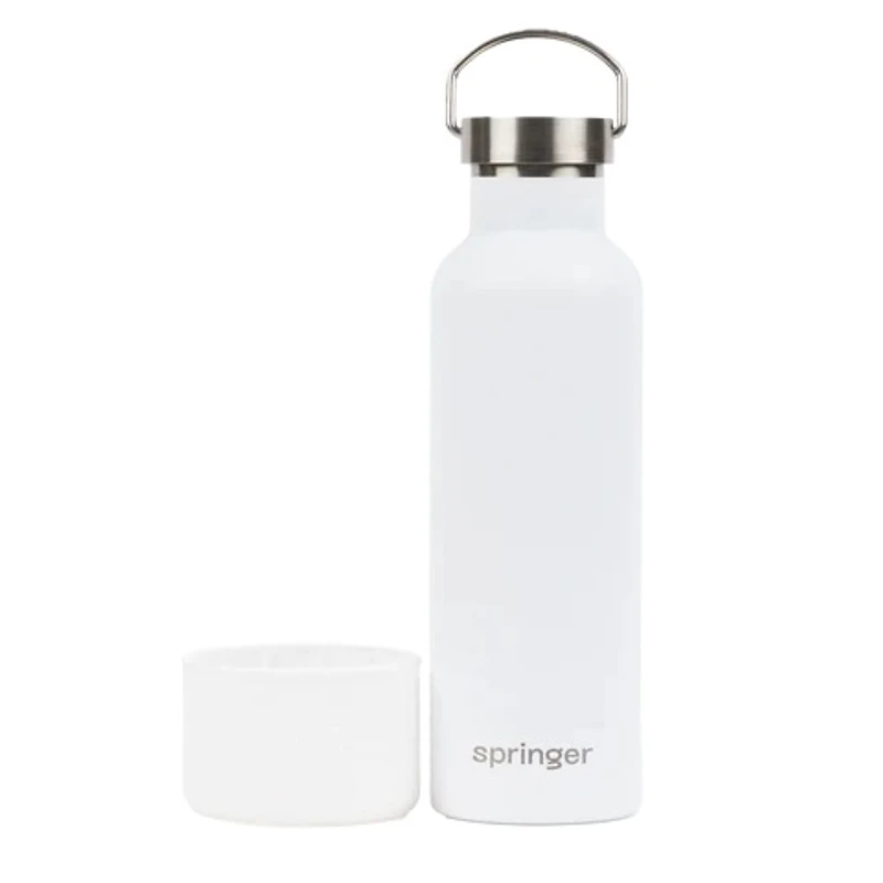 Springer - Pet Water Bottle - White Stainless Steel with Bowl