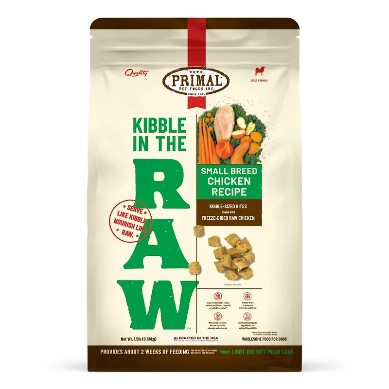 Primal - Kibble in the Raw Dog Food - Premium Freeze Dried Raw Nutrition with Whole Ingredients - Small Breed Chicken Recipe