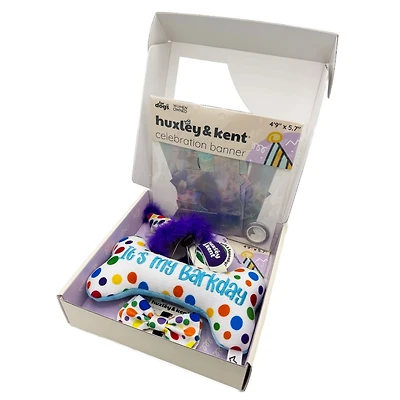 Huxley & Kent - Celebration Box for Dogs - Birthday & Party Gift Set with Hat,  Bow Tie,  Banner,  Toy & Ball