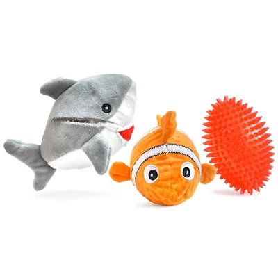 Patchwork Pet - Prickles Plush Dog Toy - Soft & Interactive with Hidden Rubber Ball - Great White Shark with Fish