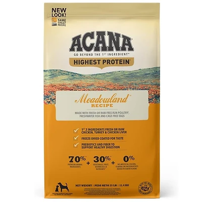ACANA - Highest Protein Dry Dog Food - Freeze Dried Coated For Taste - Meadowland Recipe - 25 lbs Bag