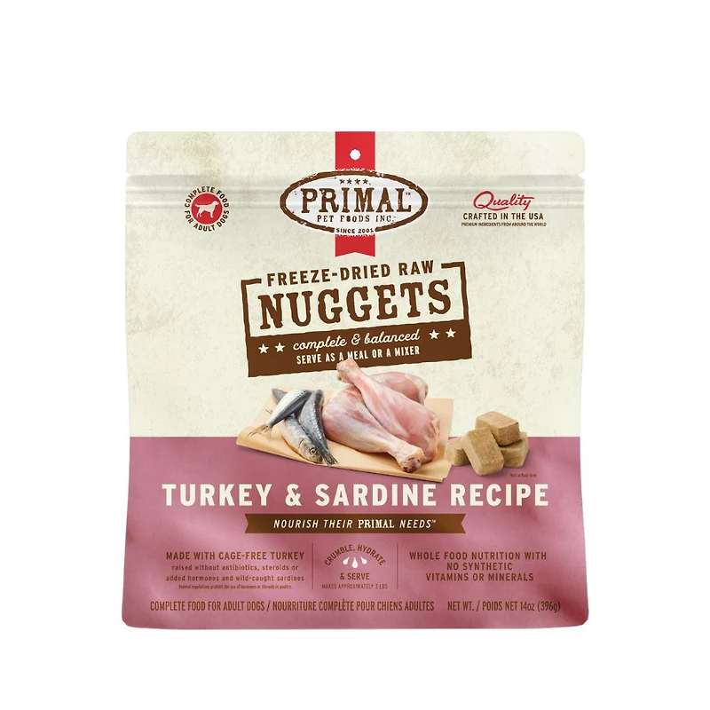 Primal - Freeze Dried Dog Food Nuggets - Raw & Natural Nutrition - Turkey & Sardine Recipe