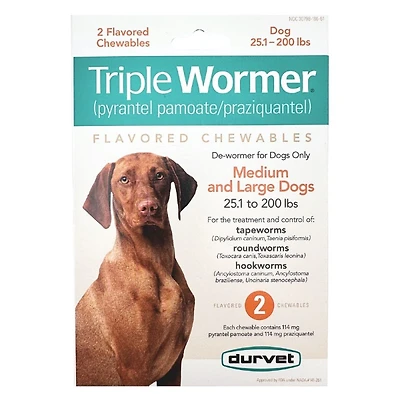 Durvet - Triple Wormer - Flavored Chewable Dewormer Tablet for Tapeworms, Roundworms & Hookworms